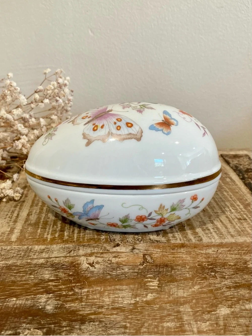 1970s Avon Butterfly Floral Porcelain Egg Shaped Trinket Box with 22K Gold Trim